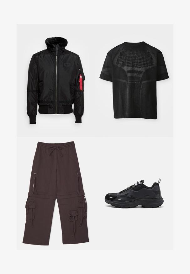Schwarze Bomberjacke mit einem Kunstfellkragen, Reißverschluss, gerippten Bündchen und einem roten Stoffetikett am linken Arm. Glattes Material mit Struktur.; Schwarz, kurzärmliges Sport-T-Shirt mit strukturiertem Muster und dezentem "MISBHV SPORT"-Text auf der Vorderseite.; Braune Sweatpants mit einem elastischen Bund, verstellbarem Zugband, zwei seitlichen Reißverschlusstaschen und Cargo-Stil Akzenten mit Bindebändern.; Schwarzer Laufschuh mit strukturiertem Obermaterial, glatten synthetischen Akzenten, dicker Sohle und reflektierenden Details. Verfügt über ein Schnürdesign und einen Zugtab.
