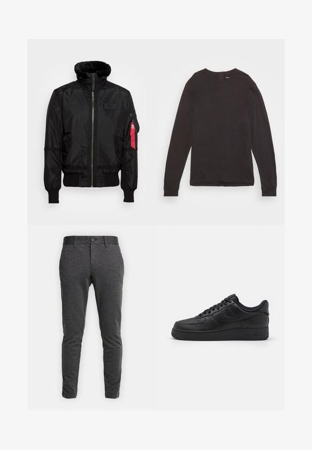 Sorte bomberjakke med et kunstpelskrave, lynlås lukning, ribbede manchetter og et rødt stofmærke på venstre arm. Glat materiale med struktur.; Pier One Langærmet T-shirt - black; Mørkegrå, slim fit bukser med en blød tekstur. Har knaplukning og bæltestropper, med tilspidsede ben og sidelommer.; Nike Sportswear AIR FORCE 1 07 FLYEASE - Sneakers - black