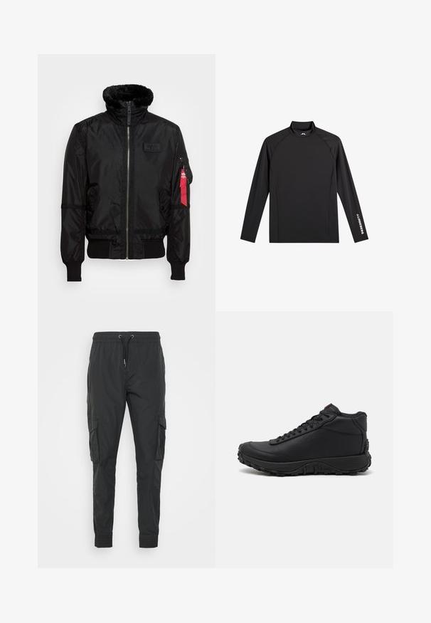 Schwarze Bomberjacke mit einem Kunstfellkragen, Reißverschluss, gerippten Bündchen und einem roten Stoffetikett am linken Arm. Glattes Material mit Struktur.; Schwarzes Langarm-Sportoberteil mit Stehkragen, schlanker Passform und weißem "J.Lindeberg"-Logo am linken Ärmel und Kragen.; Schwarze Cargo-Hosen aus leichtem Stoff, mit einem verstellbaren Kordelzugbund, elastischen Bündchen und zwei Seitentaschen.; Schwarze High-Top-Sneaker aus strukturiertem Leder, mit einer dicken Gummisohle mit Profil und Schnürdesign. Roter Akzent auf der Zunge.