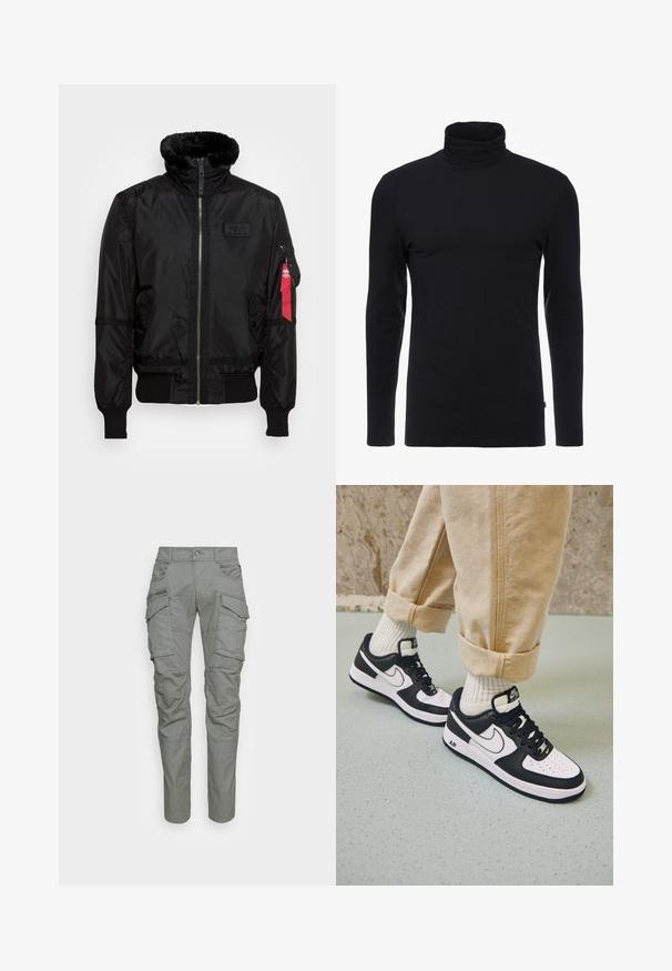 Schwarze Bomberjacke mit einem Kunstfellkragen, Reißverschluss, gerippten Bündchen und einem roten Stoffetikett am linken Arm. Glattes Material mit Struktur.; Schwarzes Langarm-Turtleneck-Shirt aus weichem, dehnbaren Stoff. Verfügt über ein tailliertes Design und eine glatte Textur. Keine sichtbaren Muster oder Akzente.; Graue Cargo-Hosen mit mehreren Seitentaschen, Knopfverschluss und geradem Schnitt. Hergestellt aus strapazierfähigem Stoff mit einer strukturierten Oberfläche.; Schwarz-weiße Nike Air Force 1 Sneaker mit einem Obermaterial aus Leder, perforierter Zehenpartie und strukturiertem Sohlendesign, getragen mit aufgerollten beigen Hosen und weißen Socken.