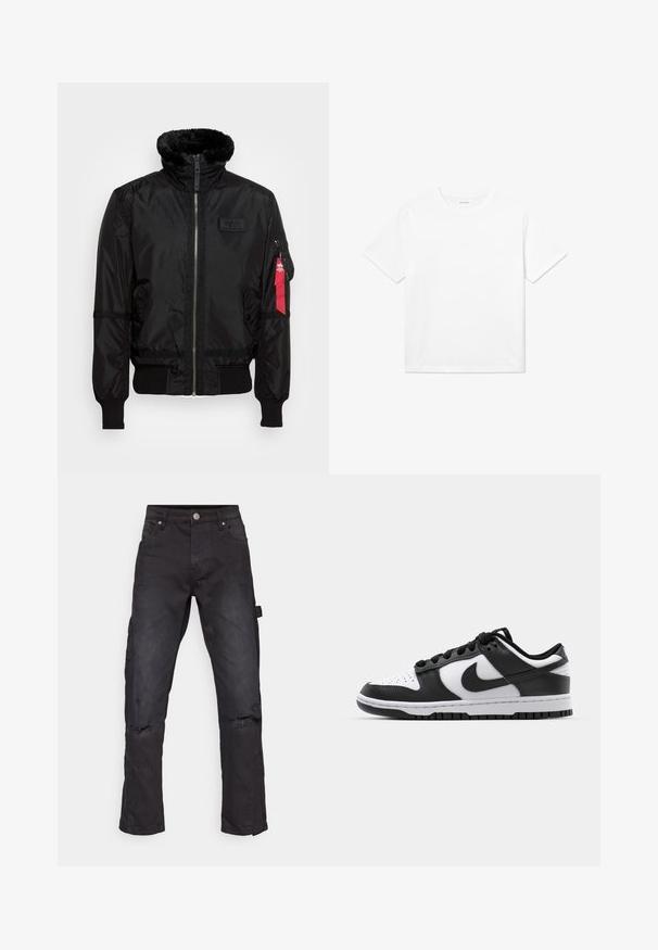 Sorte bomberjakke med et kunstpelskrave, lynlås lukning, ribbede manchetter og et rødt stofmærke på venstre arm. Glat materiale med struktur.; Hvid bomulds T-shirt med korte ærmer, rund halsudskæring og lige kant. Glat tekstur uden synlige mønstre eller accenter.; Sorte denim cargo bukser med lige pasform, der har slidte knæ og en sidelomme, lavet af slidstærkt tekstureret stof.; Sort og hvid Nike Dunk sneakers med læderoverdel, perforeret tå, sorte snørebånd og en sort gummisål med slidbanedesign.