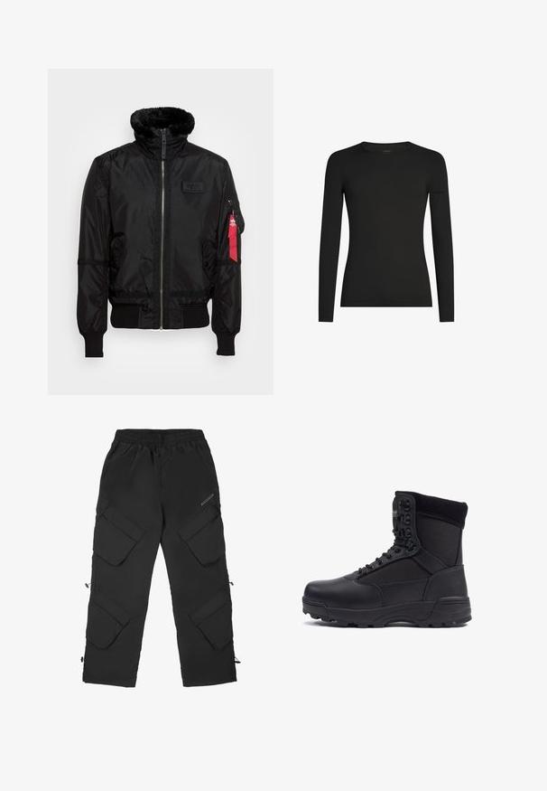 Chaqueta bomber negra con un cuello de pelaje sintético, cierre de cremallera, puños acanalados y una etiqueta de tela roja en el brazo izquierdo. Material suave con textura.; Camiseta negra de manga larga ajustada con cuello redondo y un sutil logo de Icebreaker en la manga izquierda, mostrada sobre un fondo blanco.; Pantalones cargo negros hechos de un material ligero y texturizado. Cuentan con una cintura elástica, múltiples bolsillos grandes y puños ajustables.; Bota táctica negra con parte superior de piel lisa y paneles de tela, diseño de tobillo alto, cierre con cordones y suela de goma resistente.