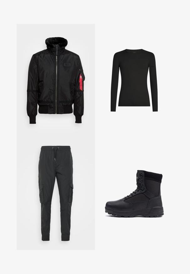 Schwarze Bomberjacke mit einem Kunstfellkragen, Reißverschluss, gerippten Bündchen und einem roten Stoffetikett am linken Arm. Glattes Material mit Struktur.; Schwarzes, langärmeliges, figurbetontes T-Shirt mit Rundhalsausschnitt und dezentem Icebreaker-Logo auf dem linken Ärmel, dargestellt vor weißem Hintergrund.; Schwarze Cargo-Hosen aus leichtem Stoff, mit einem verstellbaren Kordelzugbund, elastischen Bündchen und zwei Seitentaschen.; Schwarzer taktischer Stiefel mit einem glatten Lederoberteil und Stoffpaneelen, hoher Knöchelgestaltung, schnürbarem vorderen Teil und robustem Gummisohle.