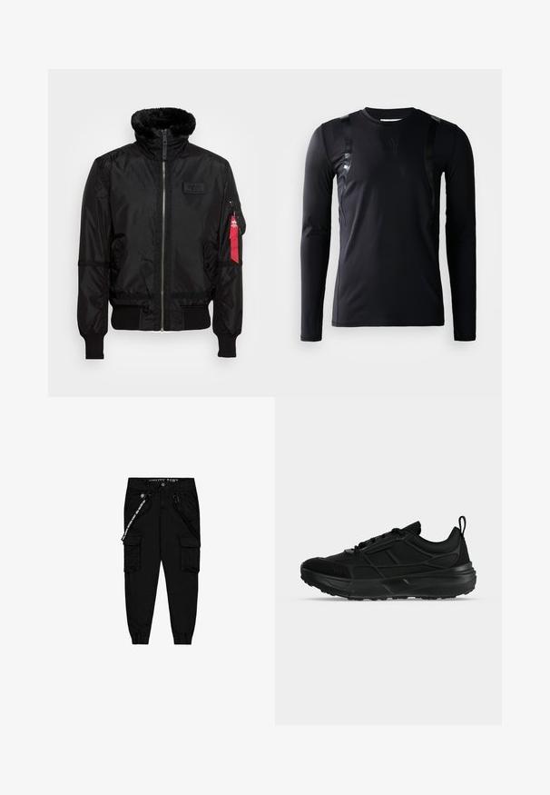 Schwarze Bomberjacke mit einem Kunstfellkragen, Reißverschluss, gerippten Bündchen und einem roten Stoffetikett am linken Arm. Glattes Material mit Struktur.; Schwarzes, langärmliges Sportshirt aus glattem, dehnbarem Stoff. Verfügt über glänzende schwarze Akzente an den Schultern und ein Adidas-Logo auf der Brust.; Schwarze Cargo-Hose aus leichtem Stoff, mit zwei Seitentaschen, einem elastischen Bund und verstellbaren Beinabschlüssen.; Schwarzer sportlicher Sneaker mit Mesh- und synthetischem Obermaterial, Schnürverschluss, gepolstertem Kragen und dicker Gummisohle, seitlich dargestellt.