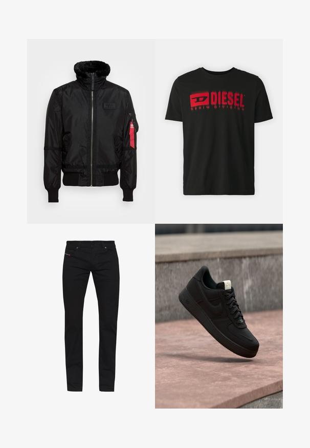 Zwarte bomberjack met een nepbont kraag, ritssluiting, geribbelde manchetten en een rode stoffen label op de linkermouw. Glad materiaal met textuur.; Zwarte katoenen t-shirt met een rode "DIESEL" logo en de tekst "DENIM DIVISION". Korte mouwen, ronde hals, zachte stof, relaxte pasvorm.; Zwarte jeans met rechte pijpen, knoopsluiting aan de voorkant, riemlussen en een ontwerp met vijf zakken op een witte achtergrond.; Zwarte Nike Air Force 1 sneaker die boven een roze betonnen richel zweeft met een grijze stenen achtergrond, met zij- en bovenzijde details.