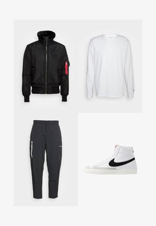 Schwarze Bomberjacke mit einem Kunstfellkragen, Reißverschluss, gerippten Bündchen und einem roten Stoffetikett am linken Arm. Glattes Material mit Struktur.; Weißes Langarm-T-Shirt aus Baumwolle. Rundhals-Design mit gerippten Bündchen und kleinem Logo auf dem linken Ärmel. Glatte Textur.; Schwarze cargo Hosen aus leichtem Stoff. Zu den Merkmalen gehören Reißverschlusstaschen an der Seite und ein strukturiertes Akzentmaterial am Oberschenkel. Figurbetonter Schnitt.; Weiße High-Top-Sneaker mit einem schwarzen Swoosh, strukturiertem grauen Zehenkappeneinsatz und flacher weißer Sohle. Verfügt über sechs Ösen und genähte Akzente.