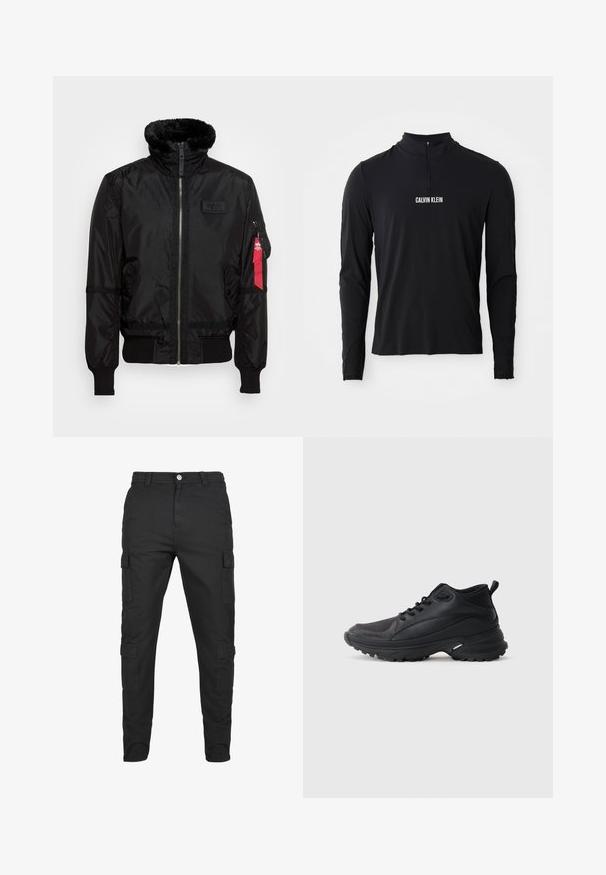 Chaqueta bomber negra con un cuello de pelaje sintético, cierre de cremallera, puños acanalados y una etiqueta de tela roja en el brazo izquierdo. Material suave con textura.; Top negro de manga larga con cuello alto, que presenta una cremallera de cuarto y el logo blanco "CALVIN KLEIN" en la parte frontal. Tejido suave y elástico.; Pantalones cargo negros hechos de un tejido duradero. Presentan múltiples bolsillos laterales, un cierre de botón y un diseño de pierna ajustada. Parte delantera plana, sin patrones.; Zapatillas deportivas negras hechas de material sintético. Presentan un cuello acolchado, puntera redonda, suela resistente con tracción y detalle del logo de la marca.
