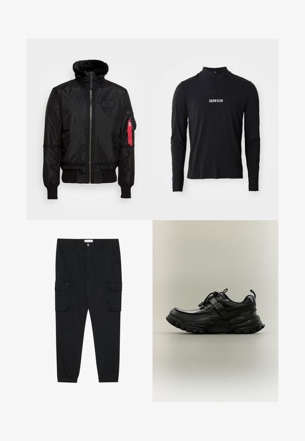 Schwarze Bomberjacke mit einem Kunstfellkragen, Reißverschluss, gerippten Bündchen und einem roten Stoffetikett am linken Arm. Glattes Material mit Struktur.; Schwarzes Langarmoberteil mit hohem Kragen, ausgestattet mit einem Viertel-Reißverschluss und weißem "CALVIN KLEIN" Logo auf der Vorderseite. Glatter, elastischer Stoff.; Schwarze Cargo-Hose mit geradem Bein, elastischen Bündchen und mehreren Seitentaschen. Hergestellt aus strukturiertem Stoff mit einem Knopfverschluss.; Schwarzer klobiger Sportschuh mit verstellbarem Riemen, Schnürzug und robustem Profil, seitlich auf neutralem Hintergrund dargestellt.