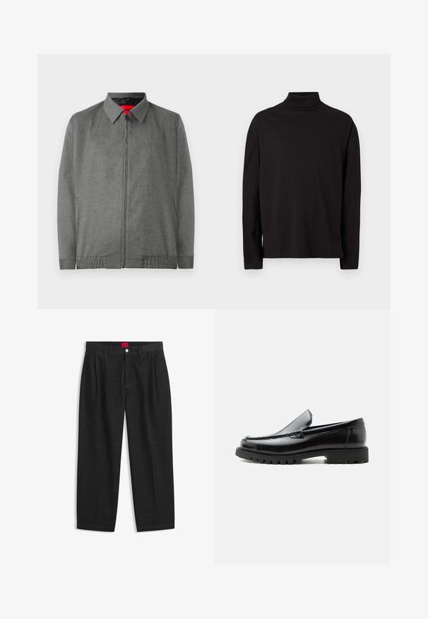 Chaqueta gris con cuello en contraste, cierre delantero con cremallera y bolsillos laterales. Presenta una tela texturizada y puños elásticos.; Suéter de cuello vuelto negro de manga larga, elaborado con una tela suave y lisa, que tiene un corte holgado y carece de patrones o acentos visibles.; Pantalones negros de talle alto con pliegues delanteros, trabillas para cinturón, cierre con botón y cremallera, y una etiqueta roja en el interior de la cintura.; Mocasín de cuero negro con suela de goma gruesa, empeine cosido y nombre de la marca en relieve en el talón, mostrado en perfil lateral sobre fondo blanco.