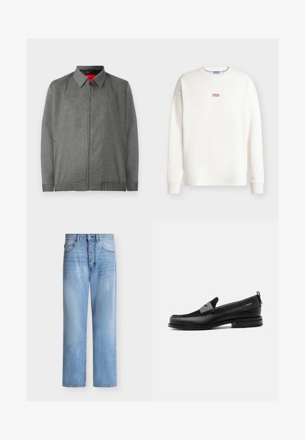 Grijze jas met een kraag, ritssluiting aan de voorkant en zijzakken. Heeft een gestructureerde stof en elastische manchetten.; Witte sweatshirt met lange mouwen en ronde hals, met een klein bruin "HUGO"-logo op de borst en een blauw label binnen in de kraag.; Lichtblauwe spijkerbroek met rechte pijpen, knoop- en ritssluiting, voor- en achterzakken en riemlussen in de tailleband.; Zwarte leren loafer met grijs riemdetailelement, lage hak en gestructureerde zool, aan de zijkant gebrandmerkt met "HUGO" in goud.
