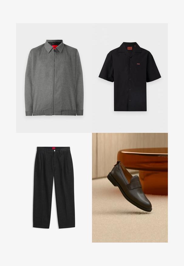 Chaqueta gris con cuello en contraste, cierre delantero con cremallera y bolsillos laterales. Presenta una tela texturizada y puños elásticos.; Camisa negra de manga corta con botones y cuello de estilo campestre, con pequeño logo rojo "HUGO" en el pecho izquierdo y dentro del cuello.; Pantalones negros de talle alto con pliegues delanteros, trabillas para cinturón, cierre con botón y cremallera, y una etiqueta roja en el interior de la cintura.; Mocasín de cuero marrón oscuro con un tacón bajo flotando sobre una alfombra beige, junto a una mesa brillante, redondeada y de color ámbar.