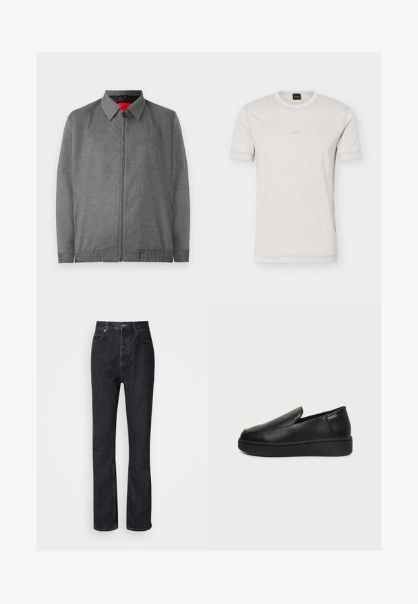 Chaqueta gris con cuello en contraste, cierre delantero con cremallera y bolsillos laterales. Presenta una tela texturizada y puños elásticos.; Camiseta de manga corta color blanco hueso con cuello redondo, con un sutil logotipo "BOSS" en el pecho y una etiqueta negra en el cuello con letras naranjas "BOSS".; Jeans de mezclilla negros de cintura alta con cierre de botón y cremallera, bolsillos frontales y traseros, y corte recto.; Zapato de cuero negro tipo slip-on con suela gruesa y pequeños orificios de ventilación laterales, con el logo dorado de "HUGO" cerca del talón.