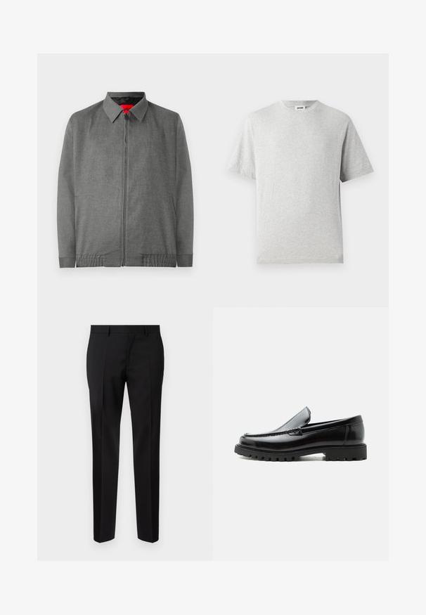 Chaqueta gris con cuello en contraste, cierre delantero con cremallera y bolsillos laterales. Presenta una tela texturizada y puños elásticos.; Camiseta gris de manga corta hecha de tela suave. Presenta un cuello redondo, un corte relajado y no tiene patrones ni logotipos. Textura suave en toda la prenda.; Pantalones negros de corte ajustado, hechos de una tela suave, con pernera recta, detalles de pinzas refinadas y una cinturilla clásica con ojales para cinturón.; Mocasín de cuero negro con suela de goma gruesa, empeine cosido y nombre de la marca en relieve en el talón, mostrado en perfil lateral sobre fondo blanco.