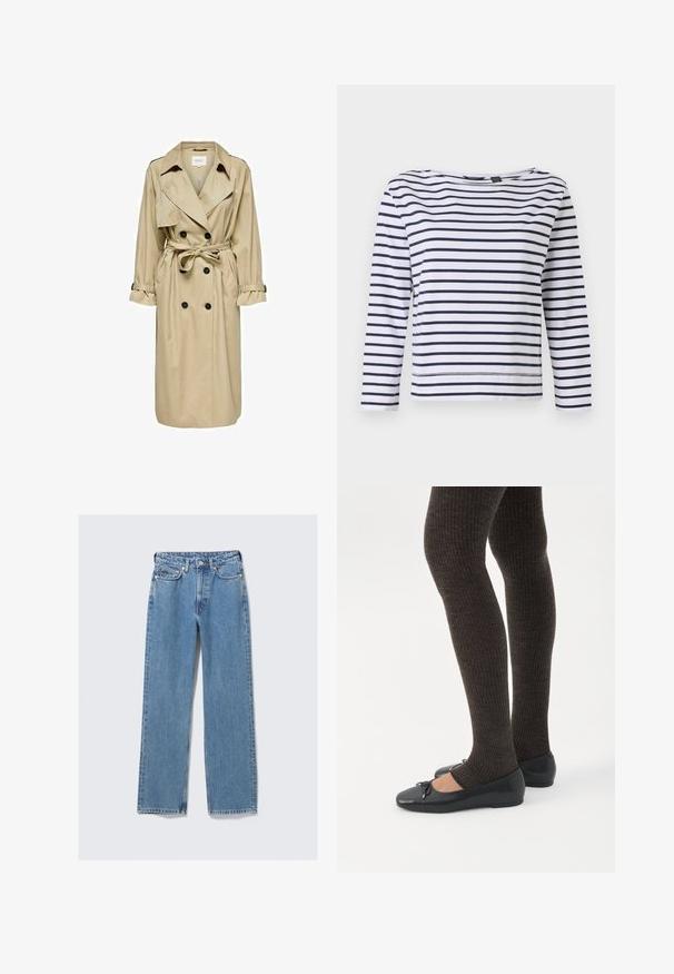 Manteau beige en trench avec un design à double boutonnage, grand col et ceinture. Il présente des manches longues avec des poignets ajustables et des poches latérales.; Haut à manches longues rayé en blanc et bleu marine, avec un col bateau et une coupe décontractée. Fabriqué en coton doux avec des ourlets cousus.; Jean en denim bleu à taille haute, coupe droite, avec bouton avant, fermeture éclair, passants pour ceinture et design à cinq poches sur un fond clair uni.; Jambes portant des leggings côtelés foncés associés à des ballerines noires avec de petits détails en nœud sur fond blanc.