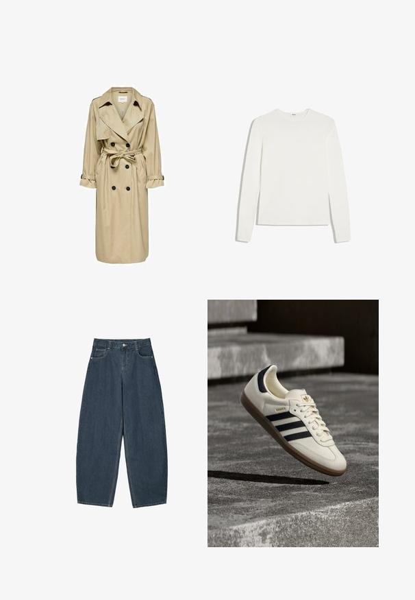 Beige trenchcoat med dobbeltknaplukning, stor krave og bælte. Den har lange ærmer med justerbare manchetter og sidelommer.; Enkelt hvid langærmet rundhalset skjorte med slank pasform, lagt fladt på en hvid baggrund.; Mørkeblå denim buede bukser med høj talje, som har fem lommer og synlige stingdetaljer. Ren, minimalistik design.; Hvid Adidas Samba sneaker med sorte striber og gummsål, svævende over teksturerede grå betonstrin.