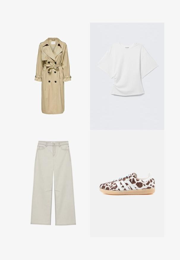 Manteau beige en trench avec un design à double boutonnage, grand col et ceinture. Il présente des manches longues avec des poignets ajustables et des poches latérales.; T-shirt blanc oversize à manches courtes avec col rond, devant légèrement froissé, présenté sur un fond gris clair uni.; Pantalons larges gris clair avec cinq poches, fermeture à bouton à l'avant et surpiqûres en contraste le long des coutures. Le tissu semble doux et durable.; Baskets marron et blanches avec un motif imprimé vache, arborant trois bandes blanches, des lacets bleu clair et une semelle en caoutchouc naturel.