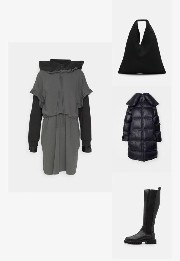 Manteau doudoune noir avec un grand col, présentant des sections matelassées, une fermeture éclair centrale et des poignets élastiques. Texture de tissu lisse et brillant.; MM6 Maison Margiela MIDI DRESS - Robe de jour - grey; Bottine noire en cuir, hauteur genoux, avec un panneau texturé, bout rond, semelle en caoutchouc épais et une languette à l'arrière pour un enfilage facile.; Sac fourre-tout en tissu noir avec un design en V unique et une texture lisse. Doté d'une courte poignée avec un détail matériel minimaliste.