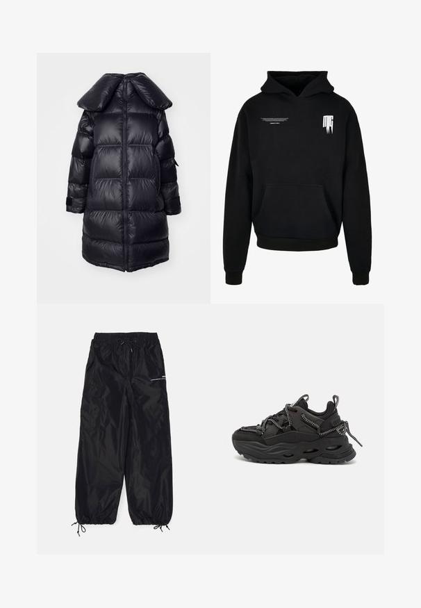 Abrigo inflable negro con un gran cuello, que presenta secciones acolchadas, una cremallera central y puños elásticos. Textura de tejido suave y brillante.; Sudadera negra con capucha con bolsillo delantero, texto pequeño en blanco en la parte superior izquierda del pecho y logotipo estilizado "MG" en la parte superior derecha del pecho.; Pantalones cargo negros hechos de nailon brillante con una cinturilla elástica, cordón ajustable, bolsillos laterales y puños elásticos.; Zapatillas deportivas negras con upper de tela texturizada, suela de goma gruesa y detalles de cordones en contraste. Presenta refuerzo en el talón y logotipo.