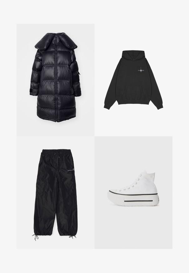 Schwarze Daunenjacke mit großem Kragen, mit gesteppten Abschnitten, einem zentralen Reißverschluss und elastischen Bündchen. Glatte, glänzende Textur.; Pegador Kapuzenpullover - washed black; Schwarze Cargo-Hosen aus glänzendem Nylon mit elastischem Bund, verstellbarem Kordelzug, Seitentaschen und elastischen Bundabschlüssen.; Weiße High-Top-Sneaker aus Canvas-Obermaterial, Gummisohle, mit schwarzem Streifen und Schnürverschluss. Texturierte Sohle für zusätzlichen Grip.