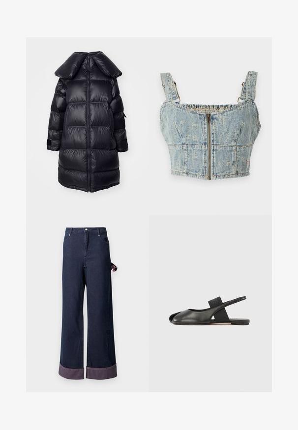 Schwarze Daunenjacke mit großem Kragen, mit gesteppten Abschnitten, einem zentralen Reißverschluss und elastischen Bündchen. Glatte, glänzende Textur.; Denim-Crop-Top mit einem hellblauen Waschung, verfügt über einen Reißverschluss, eine geraffte Rückseite und breite Träger. Details sind die Nähte und leichte Used-Optik.; Weite Denim-Hosen aus dunkelblauem Baumwollstoff mit gesäumtem Saum, versehen mit einem pinken Akzent-Tag an der Seite und klassischem Fünf-Taschen-Design.; Schwarzer, flacher Slingback-Schuh aus Leder mit offenem Zeh und elastischem Riemen über dem Fußrücken, im Profil auf weißem Hintergrund dargestellt.