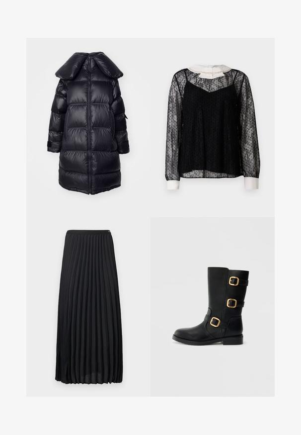 Schwarze Daunenjacke mit großem Kragen, mit gesteppten Abschnitten, einem zentralen Reißverschluss und elastischen Bündchen. Glatte, glänzende Textur.; Schwarze Spitzenbluse mit langen Ärmeln, weißem Kragen mit Schleife und Verzierungen, strukturierter Oberfläche und weiter Silhouette.; Schwarzer, plissierter Midirock mit elastischem Bund, aus leichtem Stoff, flach auf hellem Hintergrund ausgelegt.; Schwarze Leder-Stiefelette mit drei goldenen Schnallen, robuster Sohle und glatter Oberfläche. Mit runder Zehenpartie und Blockabsatz in mittlerer Höhe.
