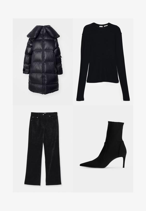 Manteau doudoune noir avec un grand col, présentant des sections matelassées, une fermeture éclair centrale et des poignets élastiques. Texture de tissu lisse et brillant.; Haut noir à manches longues en tissu doux, avec un col rond et une coupe décontractée, doté de fentes sur les côtés à l'ourlet pour faciliter les mouvements.; Un pantalon large en velours côtelé noir avec une texture douce, doté de deux poches avant, de cinq passants de ceinture et d'accents en métal sur le bouton.; Bottine noire à bout pointu et talon haut et fin, présentée de profil sur fond clair. Design épuré et minimaliste.