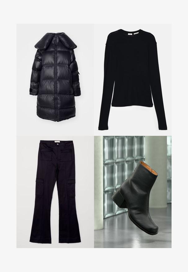 Abrigo inflable negro con un gran cuello, que presenta secciones acolchadas, una cremallera central y puños elásticos. Textura de tejido suave y brillante.; Camiseta negra de manga larga hecha de tela suave, con un escote redondo y un corte relajado, con aberturas en los laterales del dobladillo para facilitar el movimiento.; Pantalones cargo negros de corte acampanado que presentan dos bolsillos frontales y dos bolsillos laterales, confeccionados en una tela suave con un ligero brillo.; Botín negro de piel texturizada con tacón grueso, exhibido en interiores sobre un suelo reflectante con pared de bloques de cristal de fondo.