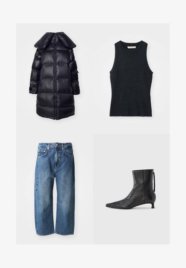 Manteau doudoune noir avec un grand col, présentant des sections matelassées, une fermeture éclair centrale et des poignets élastiques. Texture de tissu lisse et brillant.; Débardeur en tricot gris foncé sans manches avec col rond, posé à plat sur un fond blanc.; Jeans en denim bleu avec une coupe décontractée à jambes larges, dotés de poches avant, d'une fermeture à bouton et à glissière, et d'un léger délavage au niveau des genoux.; Bottine en cuir noir à bout pointu, forme structurée et petit talon. Dispose d'une fermeture éclair latérale et d'un design minimaliste.