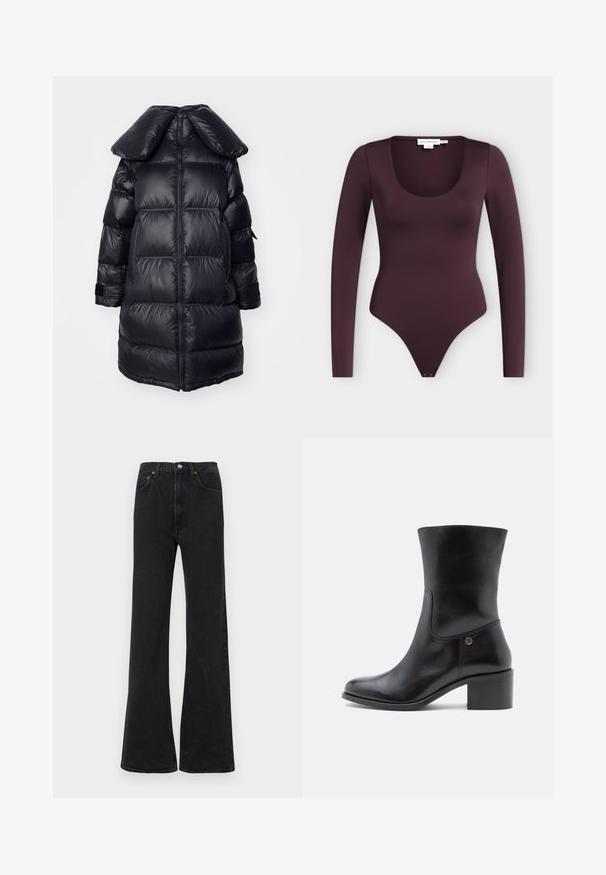 Schwarze Daunenjacke mit großem Kragen, mit gesteppten Abschnitten, einem zentralen Reißverschluss und elastischen Bündchen. Glatte, glänzende Textur.; Langärmeliger, tiefvioletter Body mit Rundhalsausschnitt und Druckknöpfen im Schritt, flach auf hellem Hintergrund dargestellt.; Schwarze, ausgestellte Jeans mit hoher Taille aus Denim. Verfügt über fünf Taschen und orangefarbene Steppnähte. Glatte Textur mit klassischem Schnitt.; Schwarzer Leder-Stiefelette mit glatter Textur, abgerundeter Spitze und Blockabsatz. Verfügt über eine Seitennaht und einen kleinen Akzentknopf.