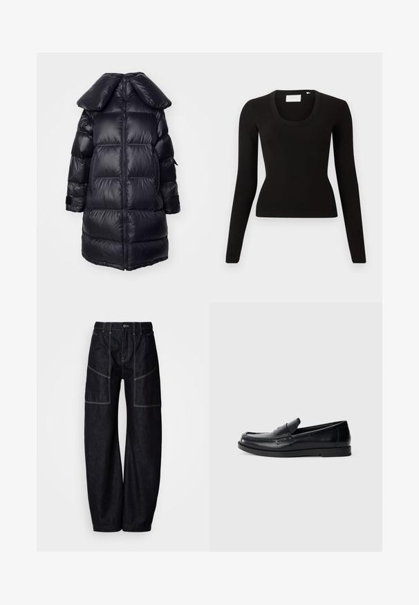 Manteau doudoune noir avec un grand col, présentant des sections matelassées, une fermeture éclair centrale et des poignets élastiques. Texture de tissu lisse et brillant.; Haut noir à manches longues avec un col arrondi, en tissu côtelé, présentant une coupe ajustée et un design minimaliste. Aucun motif ni accent visible.; Pantalon large en denim foncé avec plusieurs poches à l'avant, surpiqûres contrastantes et fermeture par bouton à la taille. Texture lisse et design décontracté.; Mocassins en cuir noir avec un design d'accent cousu, bout rond, semelle plate en caoutchouc et finition lisse. Silhouette classique et polyvalente.