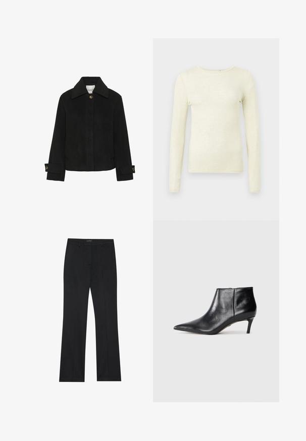 Schwarze Jacke aus weichem Stoff mit klassischem Kragen, Knopfverschluss, seitlichen Taschen und Ärmeldetails mit goldfarbenen Knöpfen.; Langärmeliges Oberteil aus weichem, hellgelbem Stoff. Es verfügt über einen Rundhalsausschnitt und eine schlanke Passform, mit einer glatten Textur und minimalen Nahtdetails.; Schwarze Hose mit geradem Schnitt, glatter Stoff und ohne sichtbare Muster. Entworfen mit klassischen Fronttaschen und einem Reißverschluss.; Schwarze Leder-Ankle-Boots mit spitzer Zehe und schlankem, mittelhohem Absatz, seitlich auf weißem Hintergrund gezeigt.