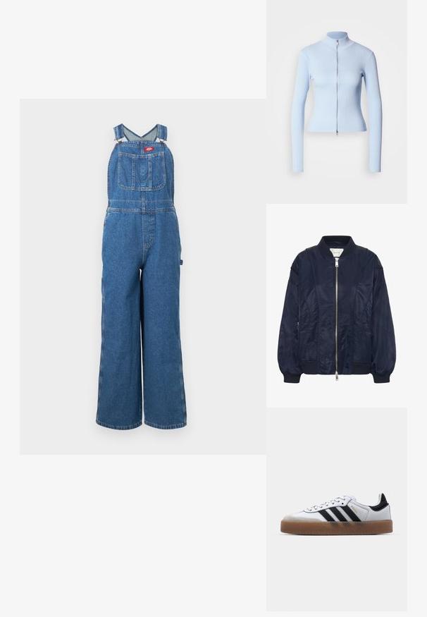 Navyblau Bomberjacke mit Reißverschluss, elastischen Bündchen und geripptem Kragen. Glattes satinartiges Material mit seitlichen Taschen und subtilen Steppdetails.; Blaue Jeans-Latzhose mit weitem Bein, verstellbaren Schulterriemen und einer Brusttasche vorne mit einem roten Markenschild.; Hellblaues Langarmshirt mit hohem Kragen und Frontreißverschluss, aus geripptem Stoff, figurbetontem Design, glatter Textur und minimalistischem Stil.; Weiße Leder Sneakers mit schwarzen Streifen, Gummigummi-Außensohle, runder Zehenform, Schnürverschluss und weichem grauem Wildleder-Zehenkappe.