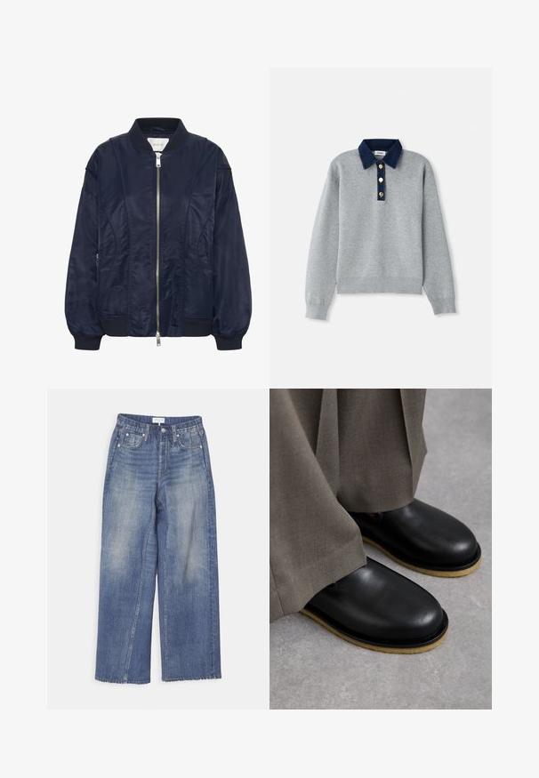 Navyblau Bomberjacke mit Reißverschluss, elastischen Bündchen und geripptem Kragen. Glattes satinartiges Material mit seitlichen Taschen und subtilen Steppdetails.; Grauer Pullover mit einem dunkelblauen Jeanskragen, drei goldenen Knöpfen und gerippten Bündchen. Weiche Textur mit einem lässigen Design.; Weite blaue Denim-Jeans mit einem verblassten Finish, Knopfverschluss, Gürtelschlaufen und zwei Fronttaschen. Der fransige Saum sorgt für ein texturiertes Detail.; Schwarze Lederschuhe mit runder Zehenform, flacher Sohle und kontrastierender hellbrauner Außensohle, kombiniert mit lockeren grauen Hosen.