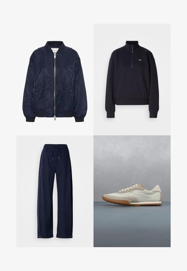Navyblau Bomberjacke mit Reißverschluss, elastischen Bündchen und geripptem Kragen. Glattes satinartiges Material mit seitlichen Taschen und subtilen Steppdetails.; Dunkelblaues Sweatshirt mit hohem Kragen und Viertelreißverschluss, ausgestattet mit langen Ärmeln und einem gerippten Saum. Enthält ein kleines grünes Logo auf der Brust.; Marineblaue, weit geschnittene Hose aus einem weichen Material. Sie verfügt über einen elastischen Bund mit Kordelzug und metallischen Akzenten am Saum.; Weiß-beige Sneaker mit einem glatten Obermaterial und Wildlederakzenten, einer strukturierten Sohle und tonal abgestimmten Nähten. Schnürverschluss mit Logodetail.