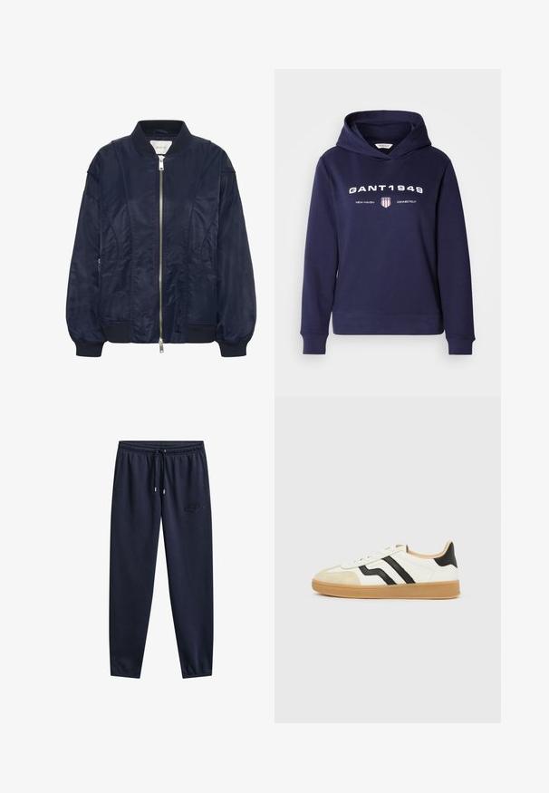 Chaqueta bomber de color azul marino con cremallera frontal, puños elásticos y cuello acanalado. Material suave similar al satén con bolsillos laterales y detalles de costura sutiles.; Sudadera con capucha azul marino hecha de tela suave, con bolsillo frontal, capucha con cordón y texto blanco audaz con un logo de escudo rojo y azul.; Pantalones deportivos azul marino con cintura elástica, cordón, bolsillos laterales, piernas estrechas y un sutil logo bordado en el muslo derecho.; Zapatilla blanca con puntera beige, rayas negras laterales, suela marrón claro y diseño de corte bajo.