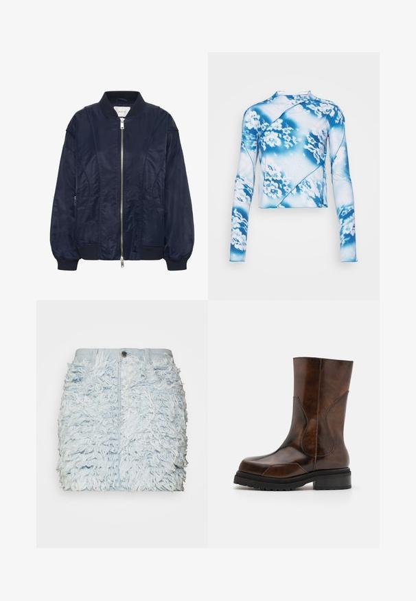 Navyblau Bomberjacke mit Reißverschluss, elastischen Bündchen und geripptem Kragen. Glattes satinartiges Material mit seitlichen Taschen und subtilen Steppdetails.; Ioannes BIAS - Langarmshirt - sprayed blue; DL1961 ASRA SKIRT MINI - A-Linien-Rock - denim fur; ECKHAUS LATTA STACKED BOOT - Plateaustiefel - dark brown