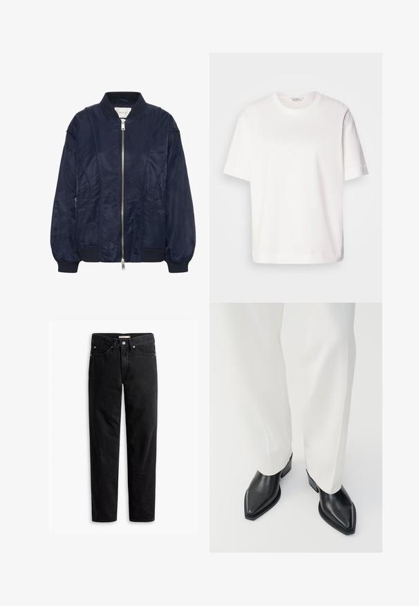 Navyblau Bomberjacke mit Reißverschluss, elastischen Bündchen und geripptem Kragen. Glattes satinartiges Material mit seitlichen Taschen und subtilen Steppdetails.; Weißes Baumwoll-T-Shirt mit kurzen Ärmeln, Rundhalsausschnitt, lockerer Passform und glatter Textur; ohne Muster oder sichtbare Metallteile.; Schwarze gerade Jeans mit Knopf- und Reißverschluss, Gürtelschlaufen sowie Vorder- und Gesäßtaschen, auf weißem Hintergrund flach präsentiert.; Schwarze spitz zulaufende Stiefeletten aus glattem Leder mit flachen Blockabsätzen, kombiniert mit weißen, weiten Hosen. Schlichtes und modernes Design.