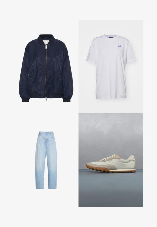 Chaqueta bomber de color azul marino con cremallera frontal, puños elásticos y cuello acanalado. Material suave similar al satén con bolsillos laterales y detalles de costura sutiles.; Camiseta de algodón blanca con mangas cortas, cuello redondo y un logotipo de cara sonriente azul en el lado izquierdo del pecho. Tejido liso sin patrones.; Vaqueros azul claro de talle alto y pierna recta, con bolsillos delanteros, trabillas para cinturón y cierre de botón.; Zapatilla blanca y beige con una parte superior lisa y acentos de gamuza, suela texturizada y costuras en tonos. Cierre de cordones con detalle de logo.