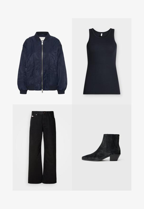 Chaqueta bomber de color azul marino con cremallera frontal, puños elásticos y cuello acanalado. Material suave similar al satén con bolsillos laterales y detalles de costura sutiles.; Camiseta sin mangas negra acanalada con escote redondo, mostrada plana sobre un fondo claro.; Jeans de pierna ancha negros, hechos de algodón. Presentan bolsillos frontales, cierre de botón y una textura de denim clásica. Diseño minimalista sin patrones.; Botín negro hasta el tobillo con punta afilada, material texturizado similar al pelo, panel lateral acanalado y un tacón bajo y cuadrado. Diseño simple y moderno.
