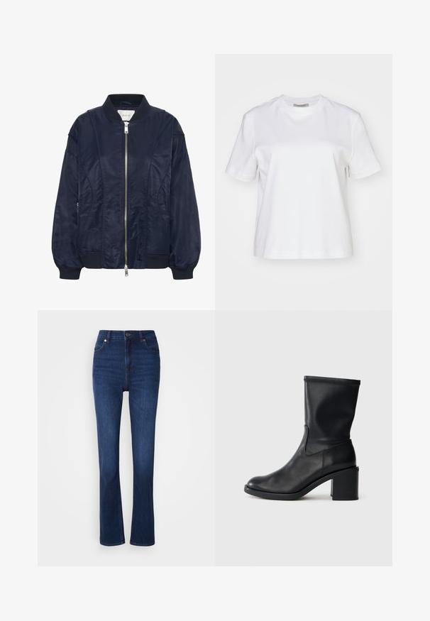Chaqueta bomber de color azul marino con cremallera frontal, puños elásticos y cuello acanalado. Material suave similar al satén con bolsillos laterales y detalles de costura sutiles.; AllSaints LISA TEE - Camiseta básica - white; Jeans de mezclilla en azul oscuro con un diseño de cintura alta. Presenta un estilo clásico de cinco bolsillos y un ligero acampanado en la parte inferior.; Botín negro de cuero hasta el tobillo con punta redonda, textura suave y tacón grueso, que presenta un eje ajustado y un sutil detalle de costura.
