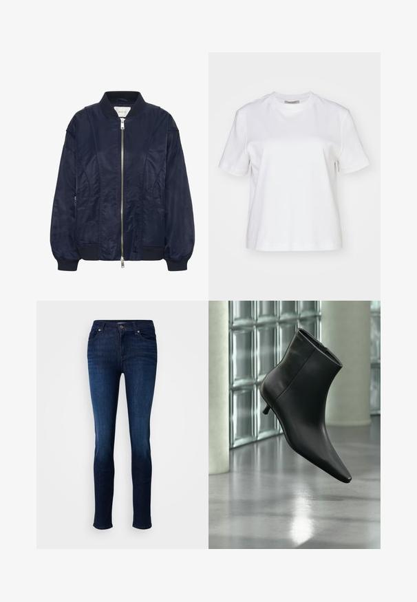 Chaqueta bomber de color azul marino con cremallera frontal, puños elásticos y cuello acanalado. Material suave similar al satén con bolsillos laterales y detalles de costura sutiles.; AllSaints LISA TEE - Camiseta básica - white; Jeans azules oscuros de denim, con un ajuste slim, diseño de cinco bolsillos, trabillas para cinturón y un cierre de cremallera con botón.; Botín negro de cuero con punta puntiaguda y tacón bajo estilo kitten, mostrado en ángulo sobre un suelo pulido y con una pared de bloques de vidrio de fondo.
