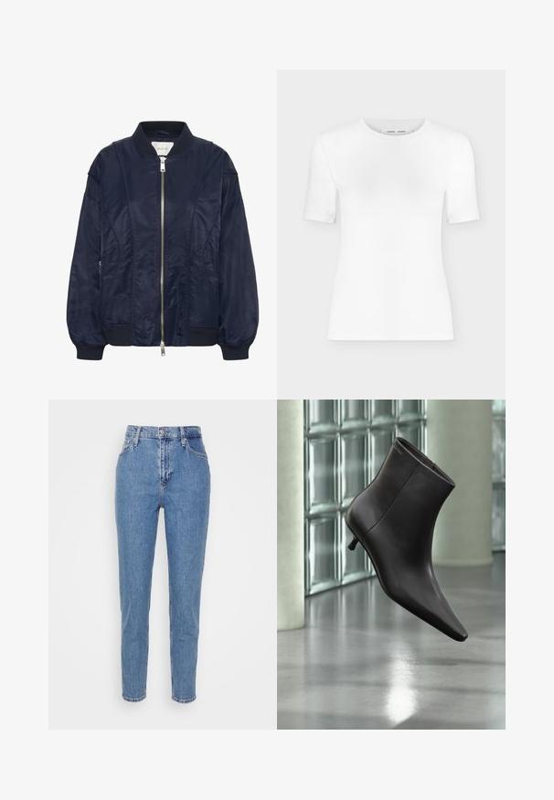 Marineblauwe bomberjack met een ritssluiting aan de voorkant, elastische manchetten en een geribde kraag. Gladde satijnachtige stof met zijzakken en subtiele stikseldetails.; Wit T-shirt met korte mouwen en een ronde hals, een slanke pasvorm en geribbelde stof, weergegeven op een effen lichtgrijze achtergrond.; Blauwe high-waisted straight-leg jeans met een knoop en rits aan de voorkant, riemlussen en zakken, weergegeven op een effen witte achtergrond.; Zwarte leren enkellaars met puntige neus en lage hak, afgebeeld tegen een glazen blokkenmuur en gepolijste vloer op de achtergrond.