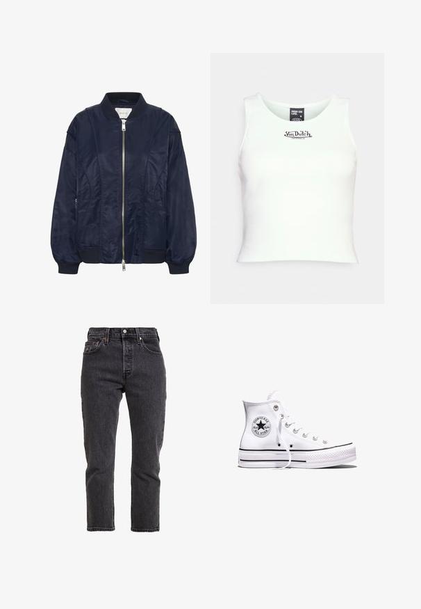 Chaqueta bomber de color azul marino con cremallera frontal, puños elásticos y cuello acanalado. Material suave similar al satén con bolsillos laterales y detalles de costura sutiles.; Top corto de tirantes acanalado blanco con escote redondo y logo negro de "Von Dutch" en el centro. Fabricado en una mezcla de algodón elástico.; Jeans de mezclilla negra con corte recto, cintura alta, cinco bolsillos y cierre de botón de metal. Detalles de textura y costura sutiles.; Zapatilla Converse Chuck Taylor All Star blanca de caña alta con rayas negras y parche de logo en el lateral, mostrada sobre un fondo blanco liso.