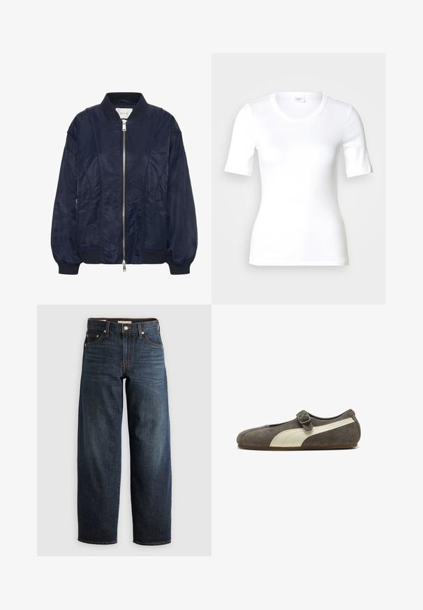 Chaqueta bomber de color azul marino con cremallera frontal, puños elásticos y cuello acanalado. Material suave similar al satén con bolsillos laterales y detalles de costura sutiles.; Camiseta blanca de manga corta hecha de algodón liso, con escote redondo y forma ajustada. Diseño clásico, sin estampados ni adornos.; Jeans oscuros de denim, con un diseño de pierna recta, estilo de cinco bolsillos, y acentos de costura superior con cierre de botón.; Zapato plano de ante gris con una franja blanca en el lateral y una correa ajustable con hebilla en la parte superior.