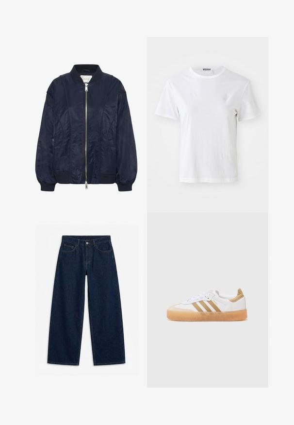 Chaqueta bomber de color azul marino con cremallera frontal, puños elásticos y cuello acanalado. Material suave similar al satén con bolsillos laterales y detalles de costura sutiles.; Camiseta blanca de manga corta hecha de una tela suave. Cuenta con un escote redondo y un corte recto, con una etiqueta en el cuello interior.; Vaqueros denim azul oscuro de pierna ancha con botón delantero y cremallera, trabillas para cinturón y diseño de cinco bolsillos, colocados planos sobre un fondo blanco.; Zapatilla blanca con acentos en beige, que presenta tres franjas, una puntera redonda y una suela de goma translúcida. Materiales de cuero suave y textil.