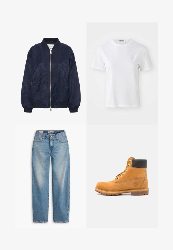 Chaqueta bomber de color azul marino con cremallera frontal, puños elásticos y cuello acanalado. Material suave similar al satén con bolsillos laterales y detalles de costura sutiles.; Camiseta blanca de manga corta hecha de una tela suave. Cuenta con un escote redondo y un corte recto, con una etiqueta en el cuello interior.; Jeans de mezclilla azul claro con un ajuste holgado, diseño de pierna recta, bragueta de botones y estilo de cinco bolsillos, con sutiles detalles de desteñido y costuras.; Botín de cuero marrón con acolchado negro, ojales dorados y suela texturizada. Presenta un logotipo circular en el costado y acentos de costura.