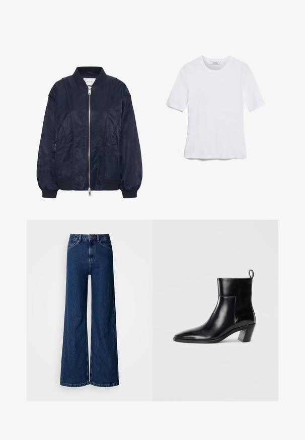 Veste bomber bleu marine avec fermeture éclair à l'avant, poignets élastiques et col côtelé. Matériau lisse semblable à du satin, avec poches latérales et détails de couture subtils.; T-shirt blanc à manches courtes en tissu côtelé. Col rond, coupe régulière et détails de couture subtils. Aucune motif ni graphique.; Jean large à lavage foncé en denim, doté d'une taille haute, d'un design classique à cinq poches et de détails de couture subtils le long des coutures.; Bottine en cuir noir avec un bout pointu, un talon empilé géométrique et une languette à l'arrière. Texture lisse et design épuré.