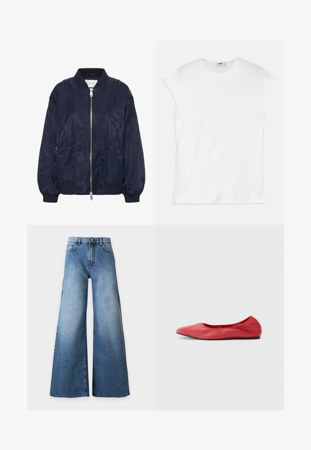 Veste bomber bleu marine avec fermeture éclair à l'avant, poignets élastiques et col côtelé. Matériau lisse semblable à du satin, avec poches latérales et détails de couture subtils.; T-shirt blanc à manches courtes en coton. Doté d'un col rond et d'une texture lisse et douce avec une coupe décontractée. Aucun motif ni accent.; Jean en denim bleu taille haute avec jambes larges, bouton sur le devant, fermeture éclair et design cinq poches sur un fond clair uni.; Filippa K REY FLATS - Ballerines - bright red