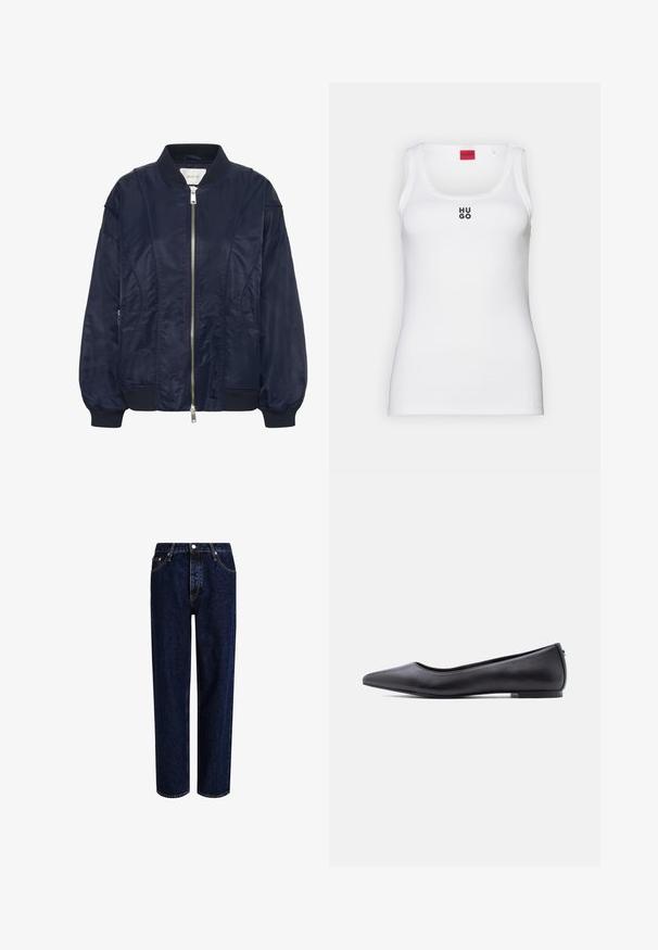 Chaqueta bomber de color azul marino con cremallera frontal, puños elásticos y cuello acanalado. Material suave similar al satén con bolsillos laterales y detalles de costura sutiles.; Camiseta sin mangas blanca de algodón, con un diseño sencillo que presenta un escote redondo y el logo negro "HUGO" en el centro. Textura suave.; Jeans de mezclilla azul oscuro con un diseño de pierna recta, que presentan una cintura alta, estilo de cinco bolsillos y costuras en contraste. Sin adornos.; Zapato plano de cuero negro con punta puntiaguda y tacón bajo, mostrado de perfil contra un fondo blanco.