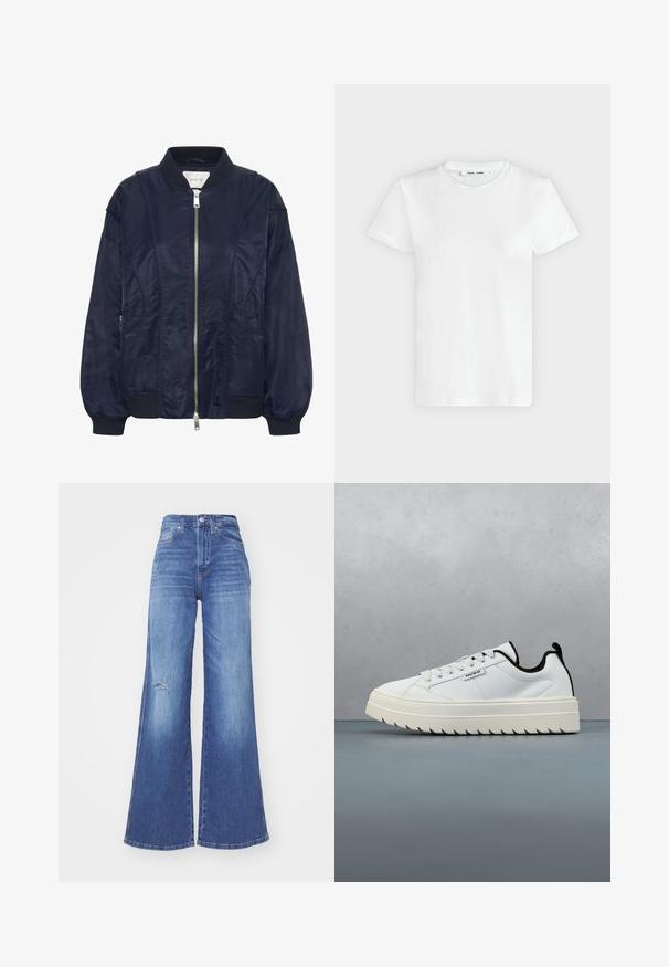 Marineblauwe bomberjack met een ritssluiting aan de voorkant, elastische manchetten en een geribde kraag. Gladde satijnachtige stof met zijzakken en subtiele stikseldetails.; Effen witte T-shirt met korte mouwen en ronde hals, plat liggend op een lichtgrijze achtergrond, met voorzijde en label aan de binnenkant van de halslijn zichtbaar.; Brede blauwe denim jeans met een hoge taille, met een ver-sleten detail bij de knie en een gladde textuur. Klassiek vijf-pocket ontwerp.; Witte leren sneaker met een chunky, gestructureerde zool met een gezaagd ontwerp. Zwarte accenten op de hak en de tong zorgen voor contrast.